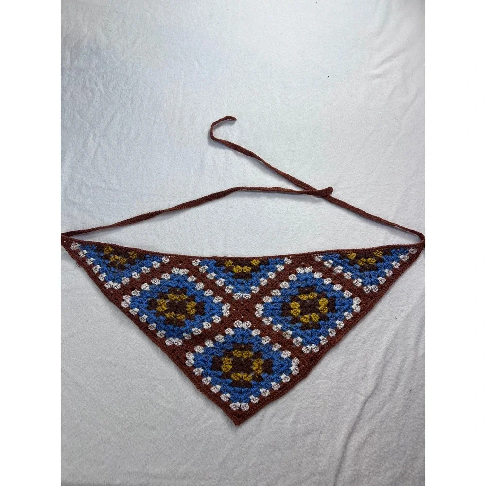 VTG Crochet Granny Square Bandana Brown Blue Boho Hair Kerchief Tie On Festival